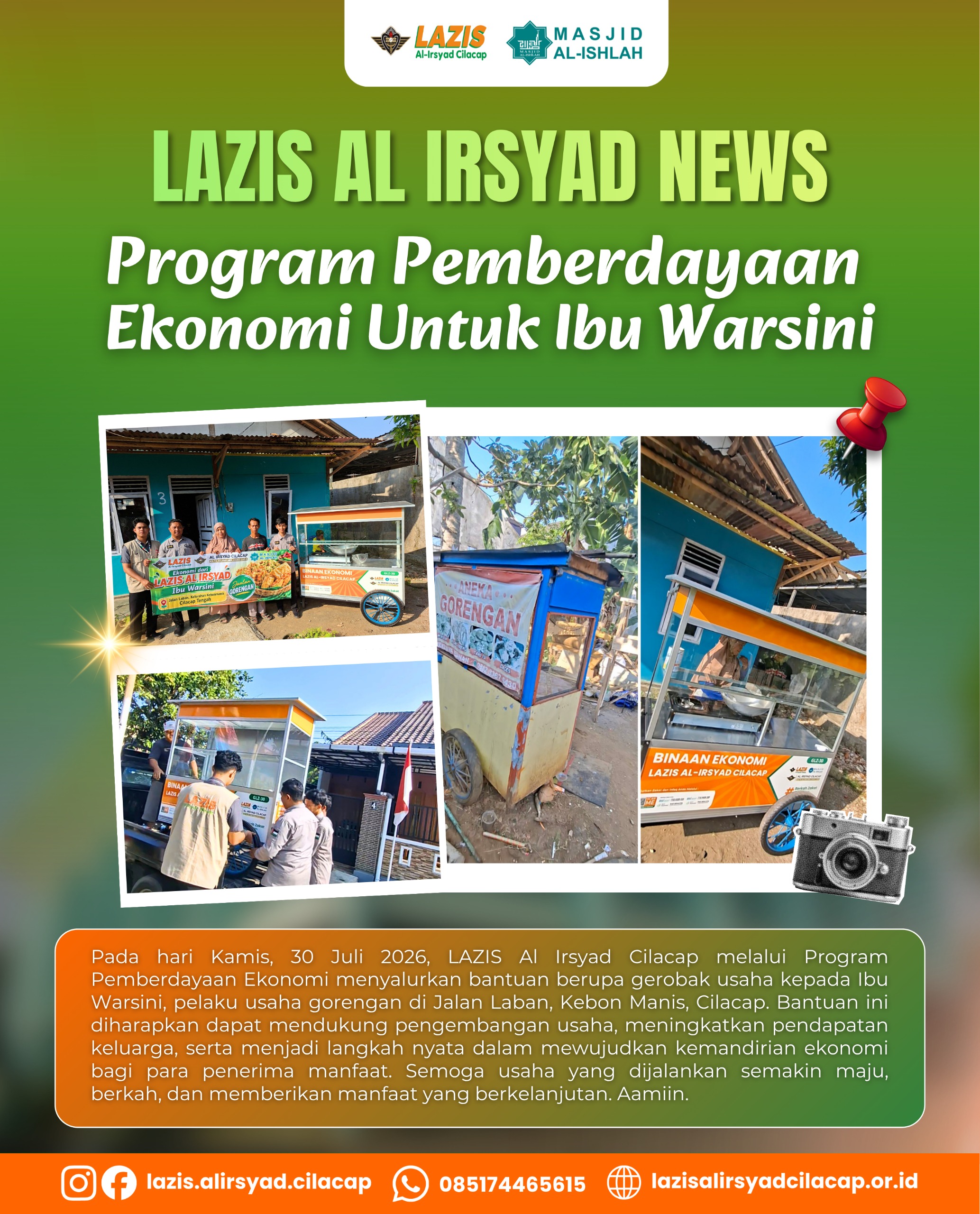 LAZIS Al Irsyad Cilacap Salurkan Bantuan Gerobak Usaha Melalui Program Pemberdayaan Ekonomi